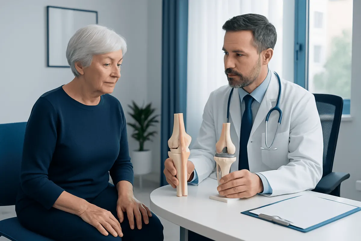 Orthopedic consultation with a doctor explaining knee joint models to an elderly woman.