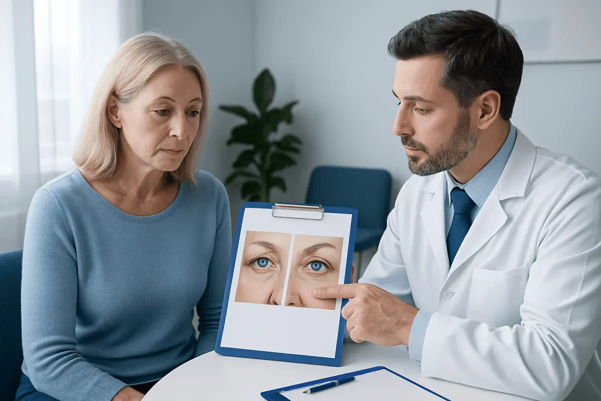 Ophthalmologist explains eyelid surgery results to a patient with before-and-after photos.