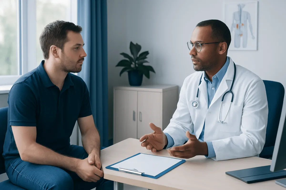 Doctor consulting with male patient in a medical office setting.