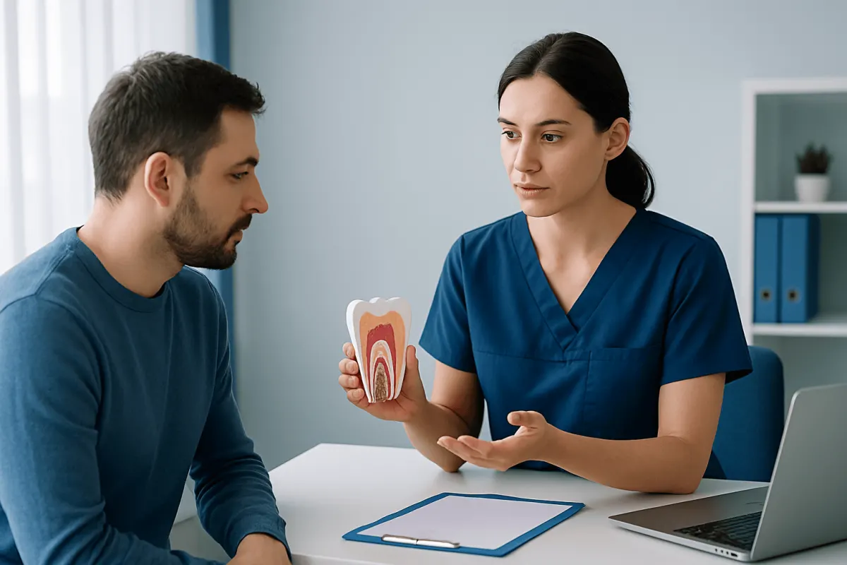 Dentist explaining root canal procedure to patient with dental model.