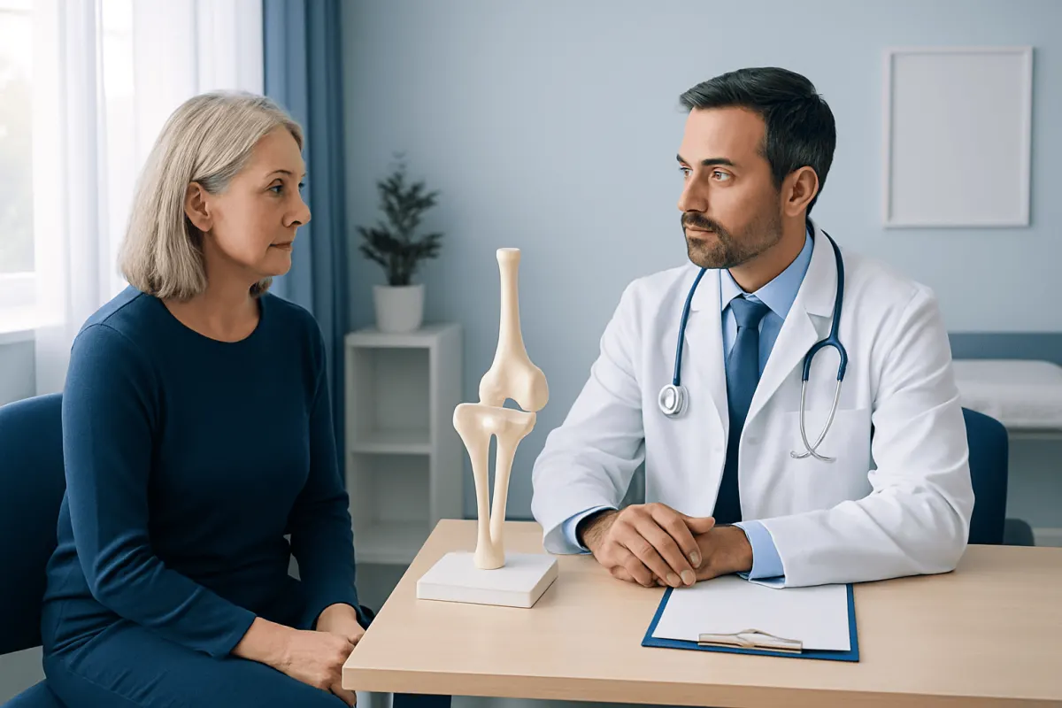 Doctor explaining hip replacement options to an elderly woman in a clinic.