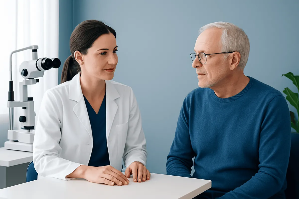 Ophthalmologist consulting with an elderly patient in a clinic setting.