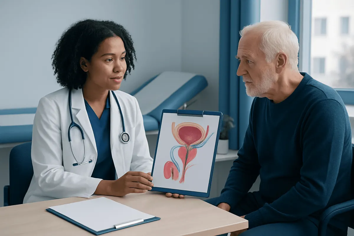 Urologist explaining prostate anatomy to an elderly patient in a consultation room.