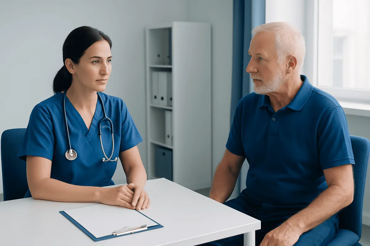 Doctor consulting with elderly patient in a medical office.