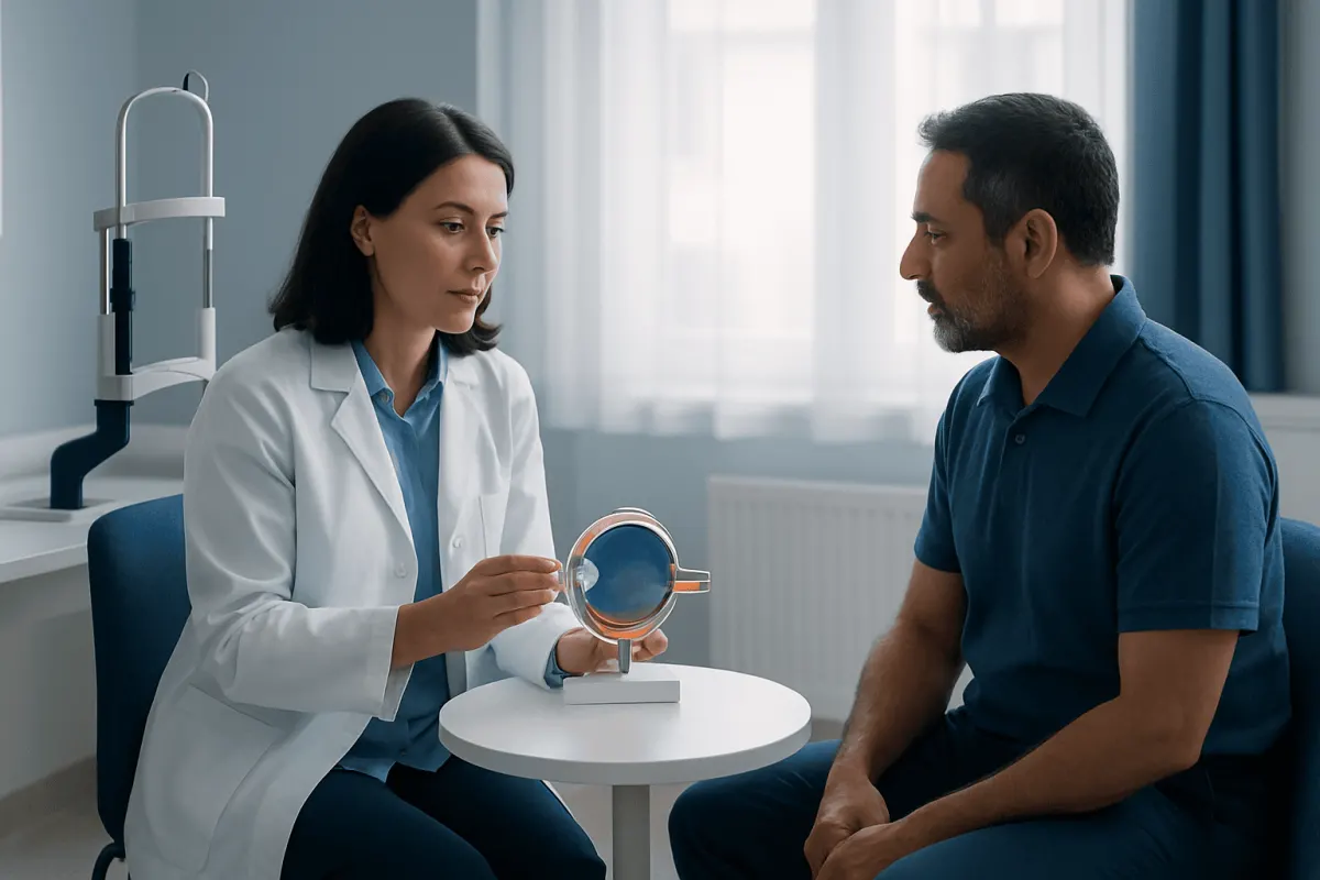 Ophthalmologist explaining eye health to patient with eye model in clinic.