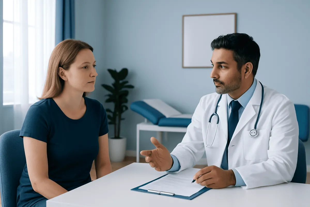 Doctor consulting with a patient in a modern medical office.