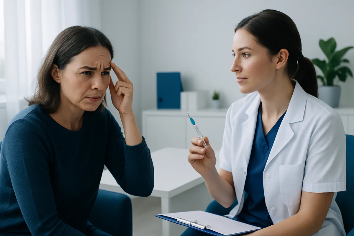 Doctor explaining Botox procedure to a patient with forehead wrinkles.