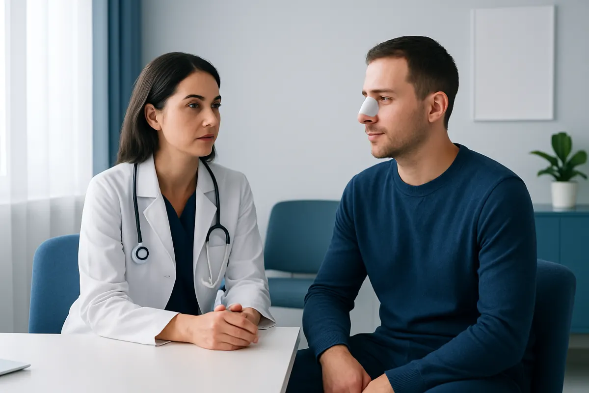 Doctor consulting patient about deviated septum surgery recovery.