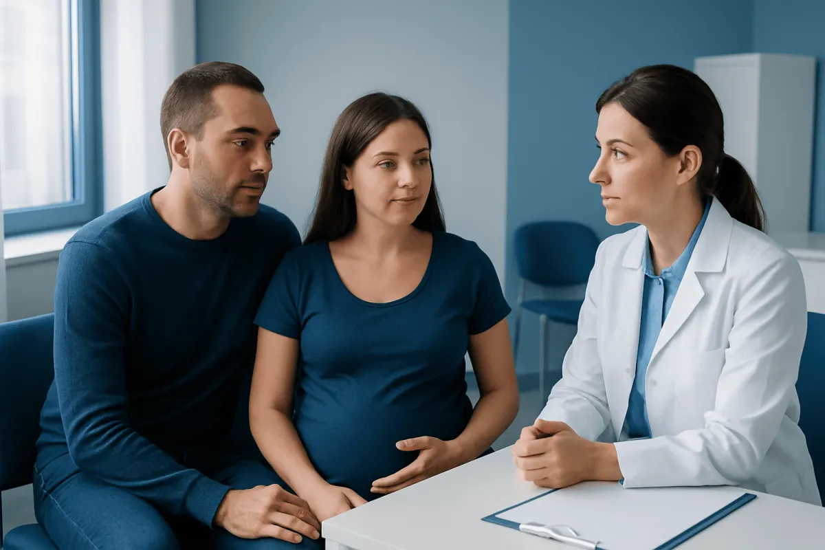 Pregnant woman consulting with doctor and partner in a medical office.