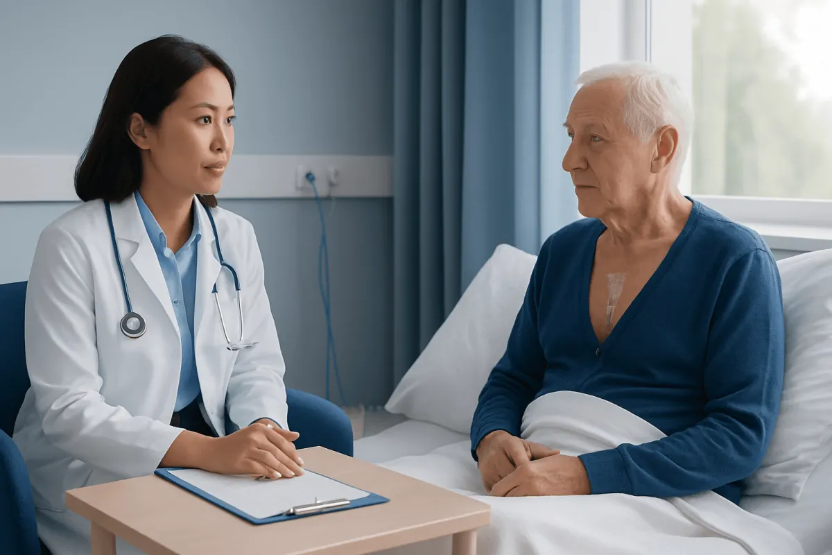 Doctor consulting with elderly patient in hospital room after heart surgery.
