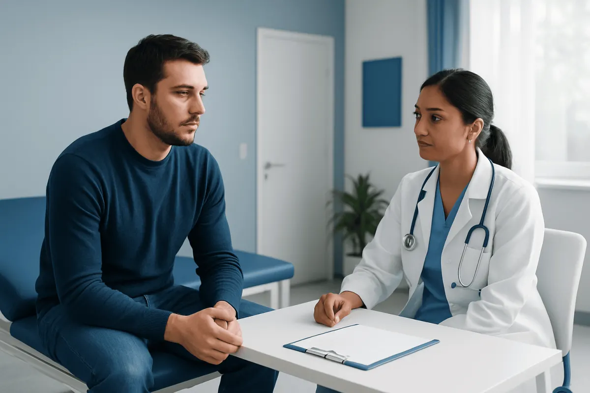 Doctor consulting male patient in a medical office setting.