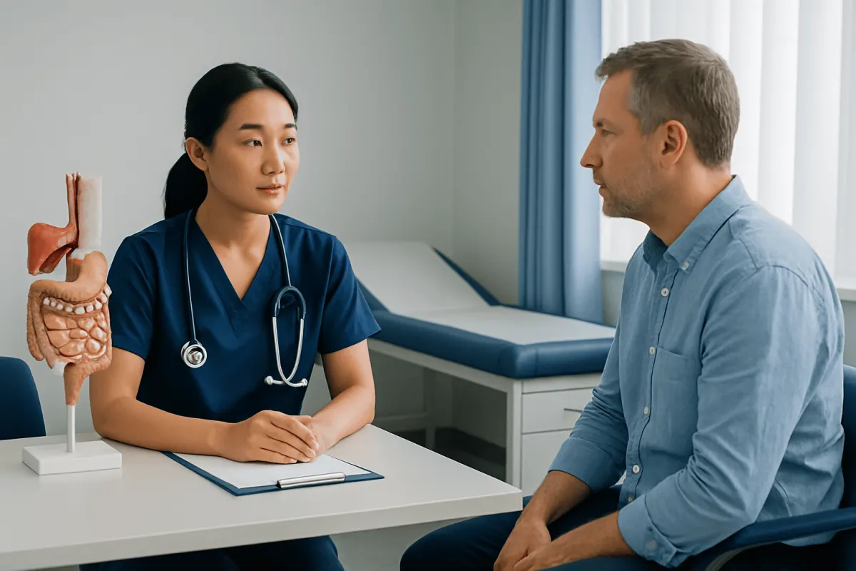 Doctor and patient discussing gastrointestinal health in a clinic setting.