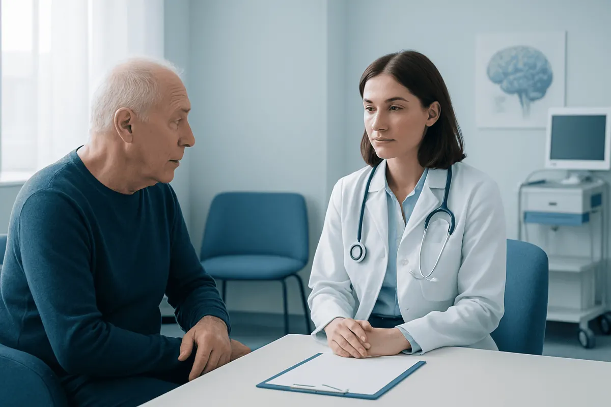 Doctor consulting with elderly patient in hospital setting.