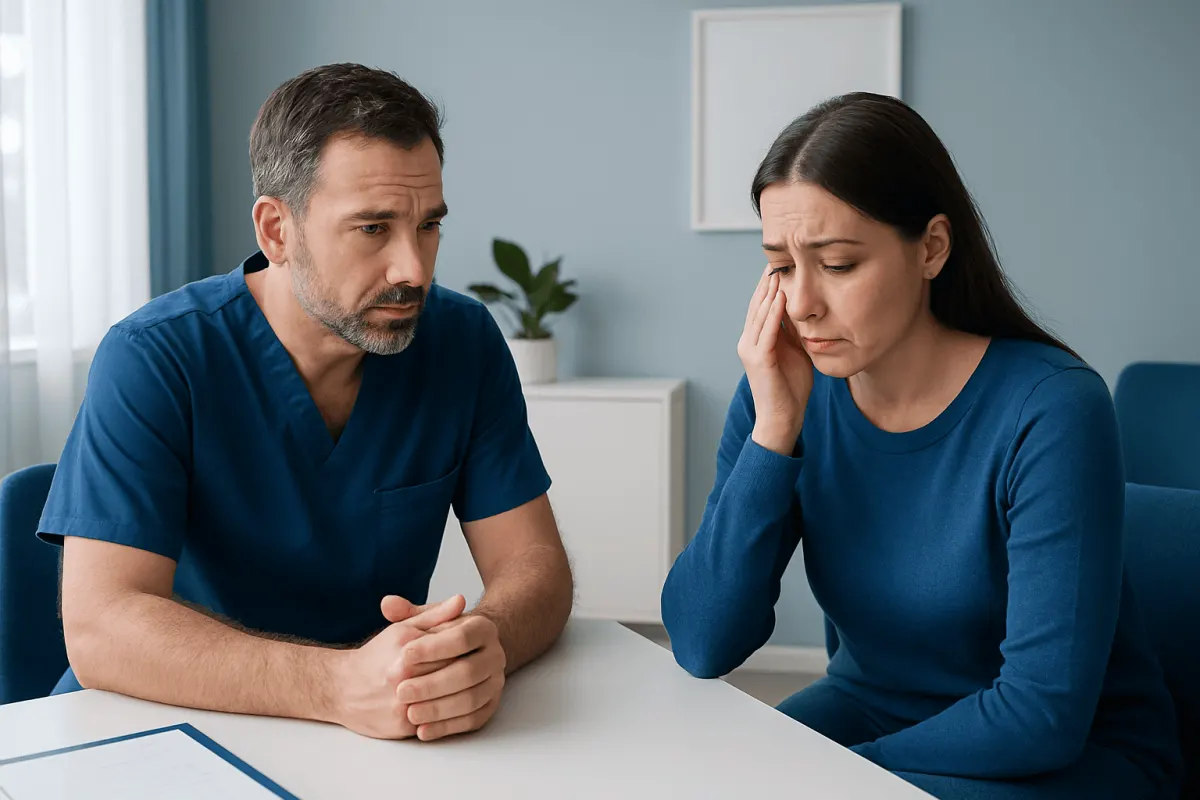 Concerned woman consulting with doctor about plastic surgery risks.