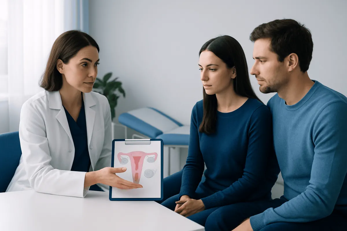 Doctor explains uterine health to a couple during consultation at Acibadem Hospital.