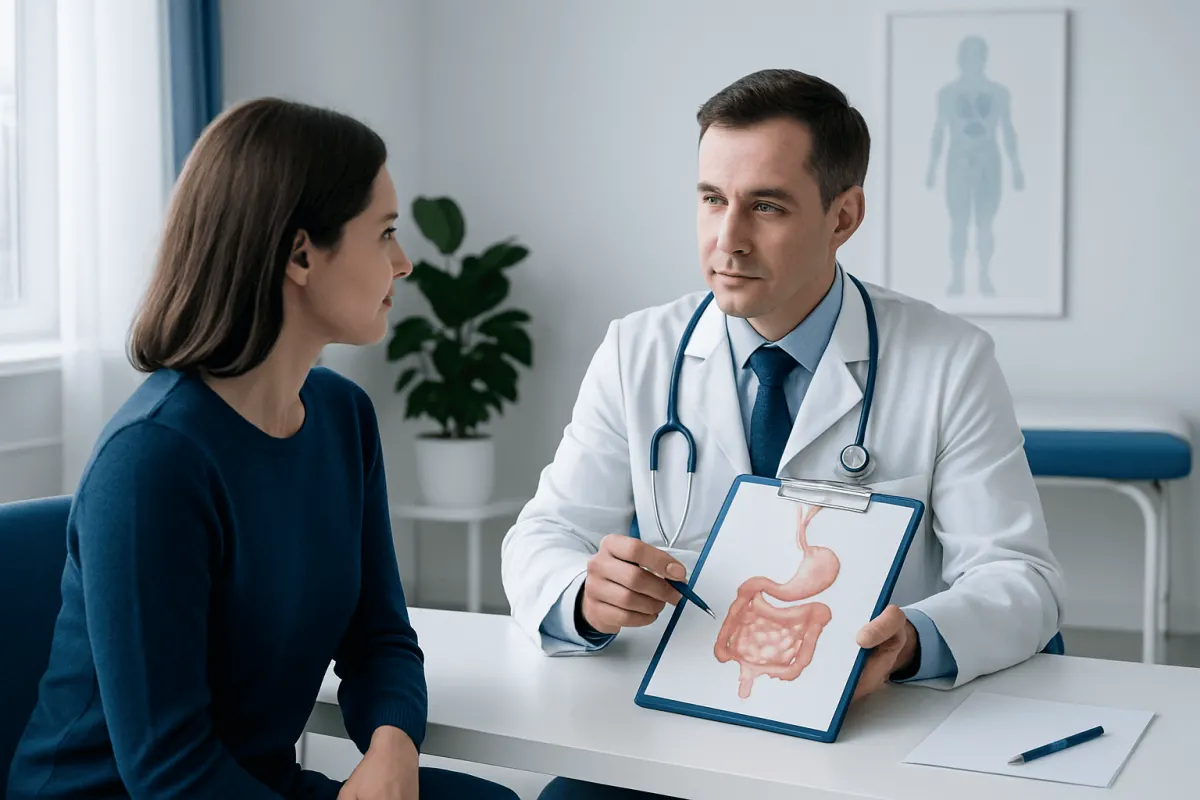 Doctor explaining digestive system to patient in a medical consultation.