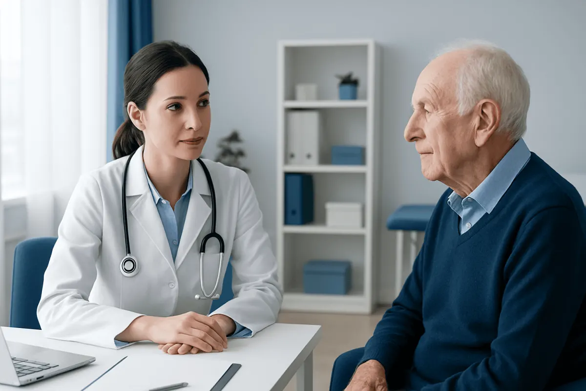 Doctor consulting elderly patient in a medical office.