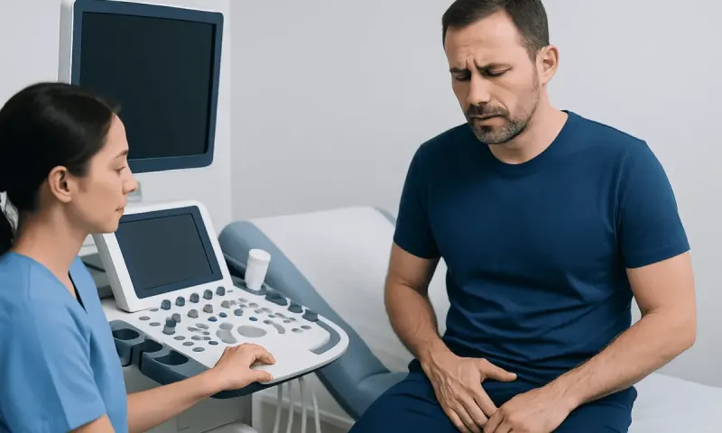 Male patient consulting with doctor about testicular pain in a medical clinic.