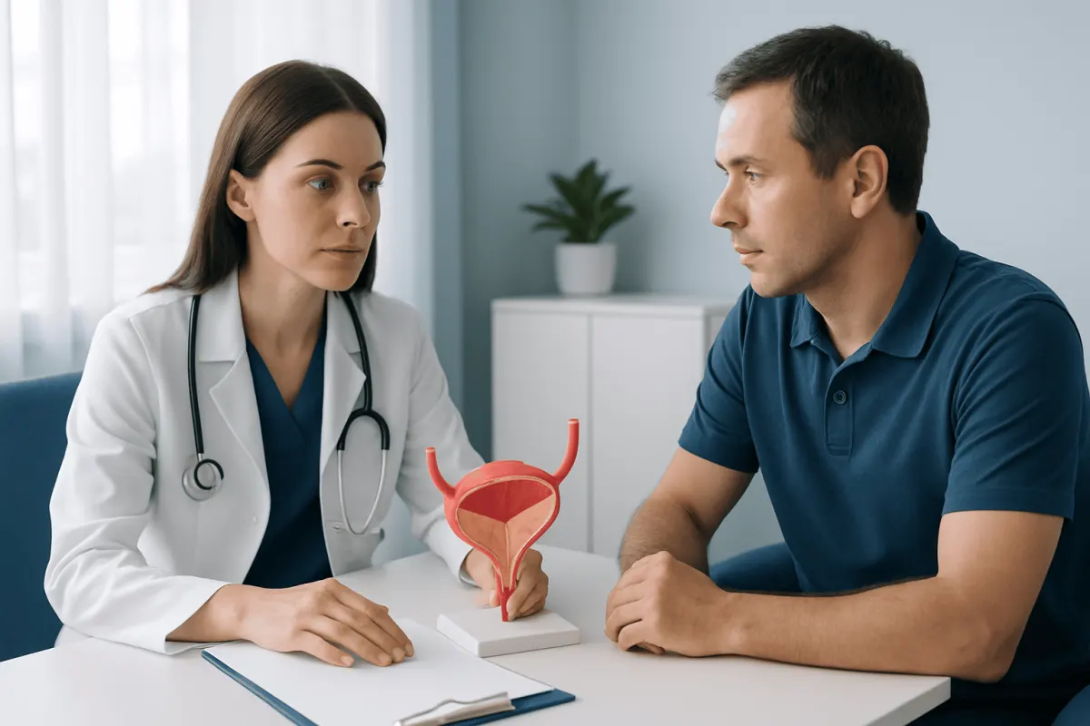 Urologist explaining bladder model to male patient in consultation room.