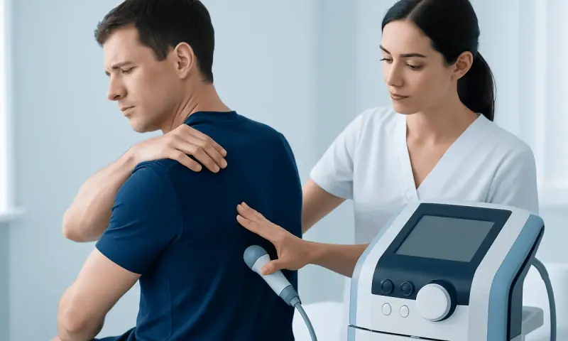 Physical therapy session for scapula pain with medical equipment.