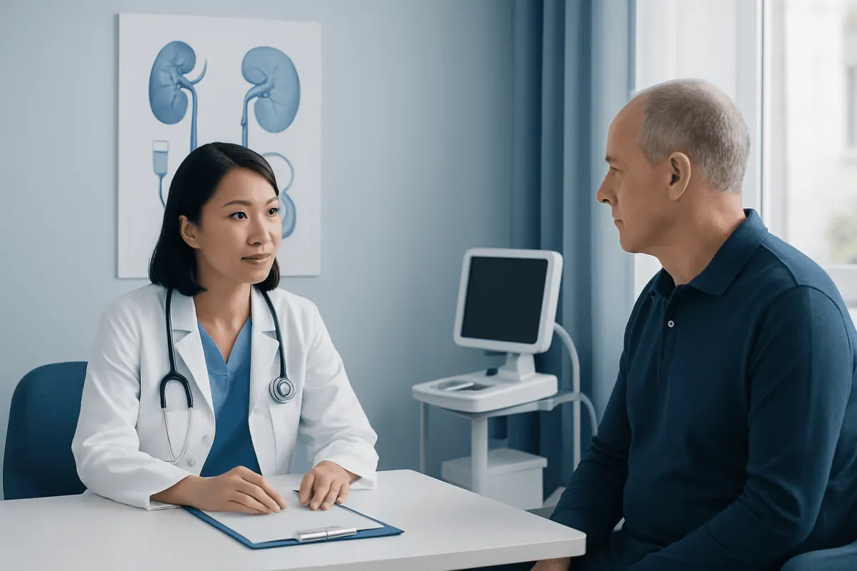 Doctor consulting with patient in a medical office with kidney diagrams on the wall.