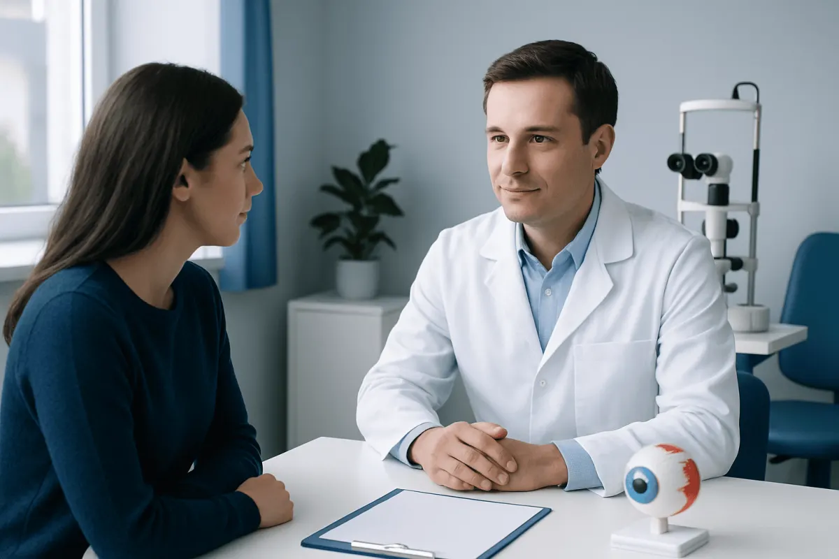 Ophthalmologist consulting a patient about eye health and vision correction options.