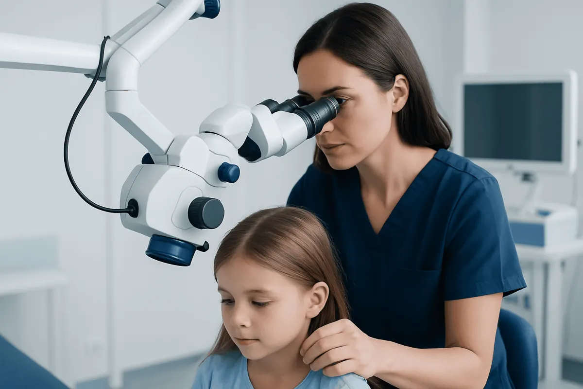 Pediatric doctor examining child's ear with a microscope at Acibadem Hospital.