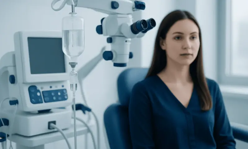 Medical examination room with a woman patient and advanced equipment.