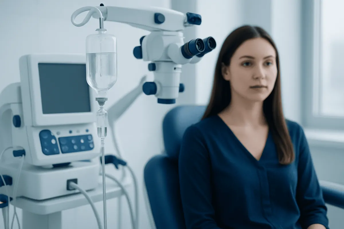 Medical examination room with a woman patient and advanced equipment.
