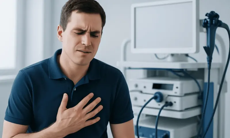 Man experiencing chest pain in a medical examination room.