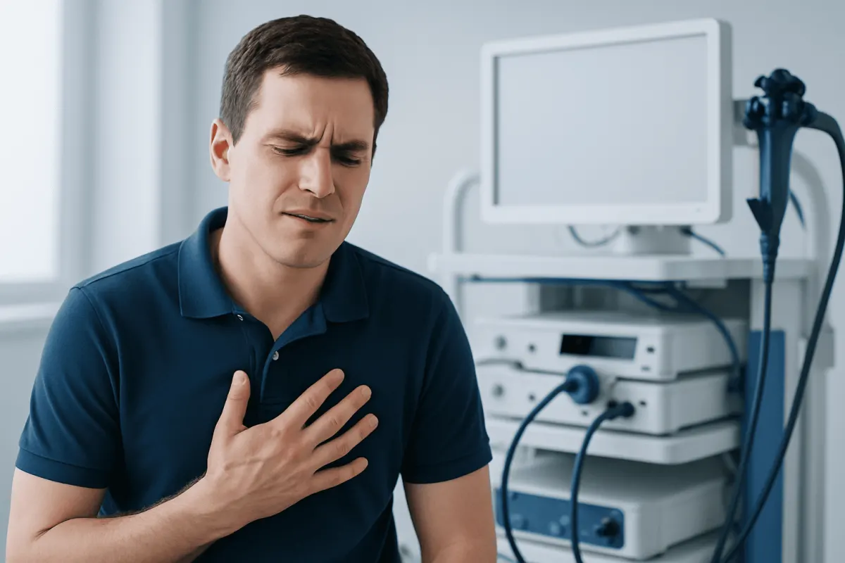 Man experiencing chest pain in a medical examination room.
