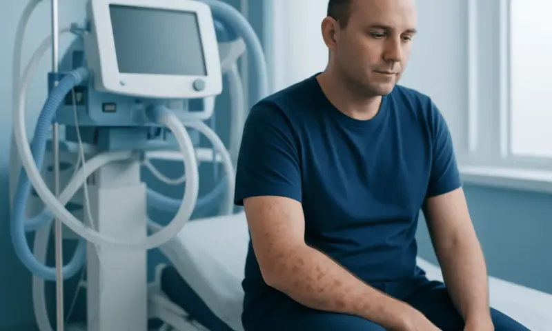 Man with skin rash in hospital room, medical equipment in background.