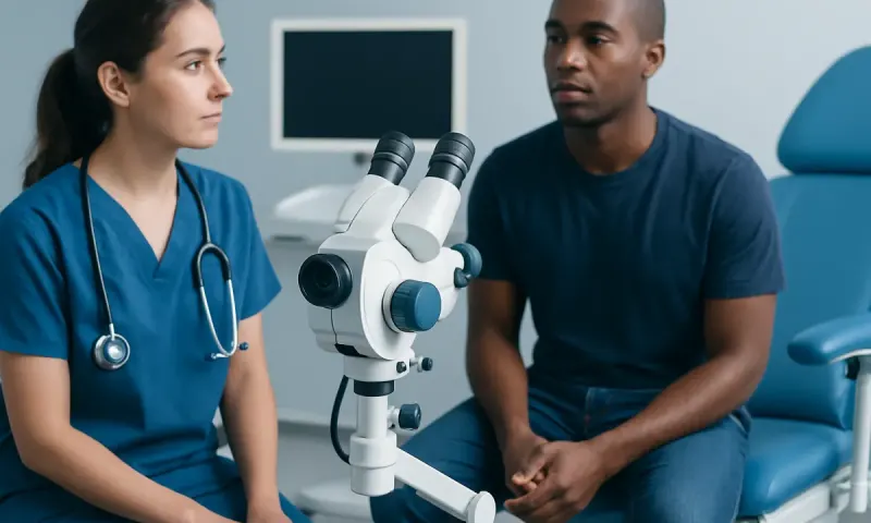 Doctor and patient in consultation at a medical clinic with microscope.