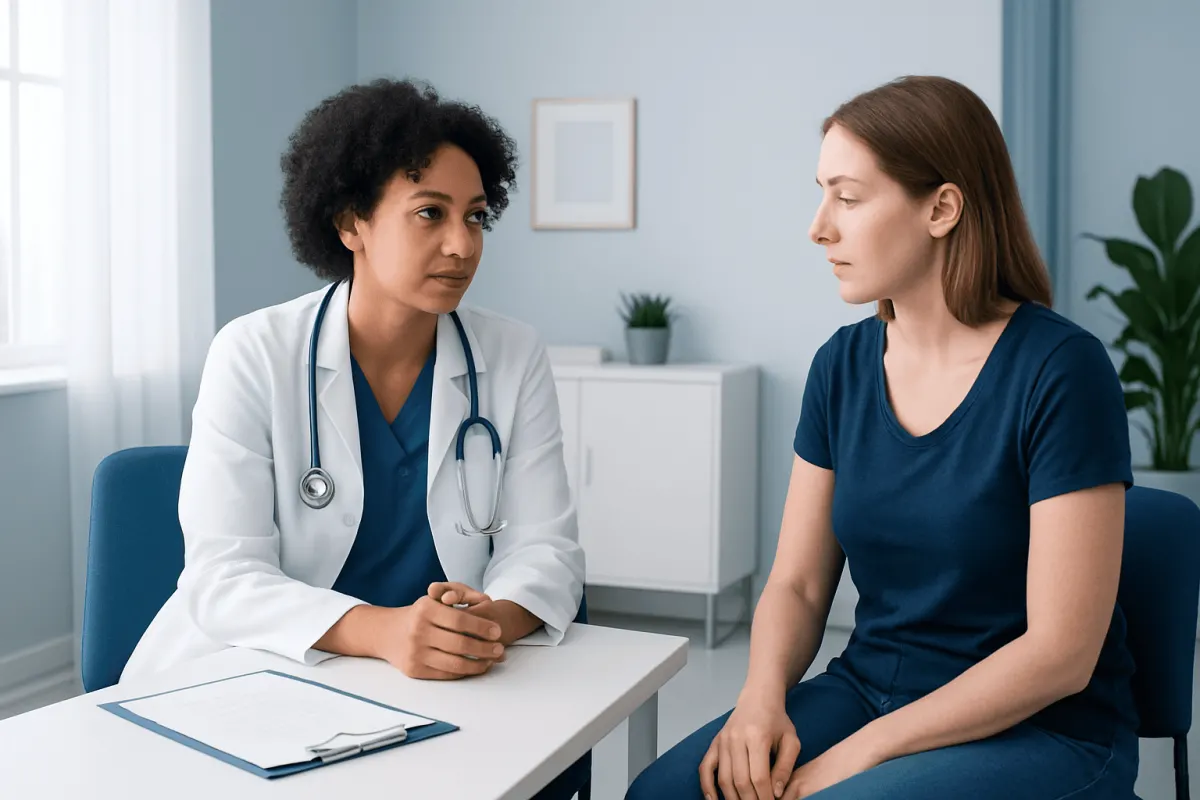 Doctor consulting with a patient about skin issues in a clinical setting.