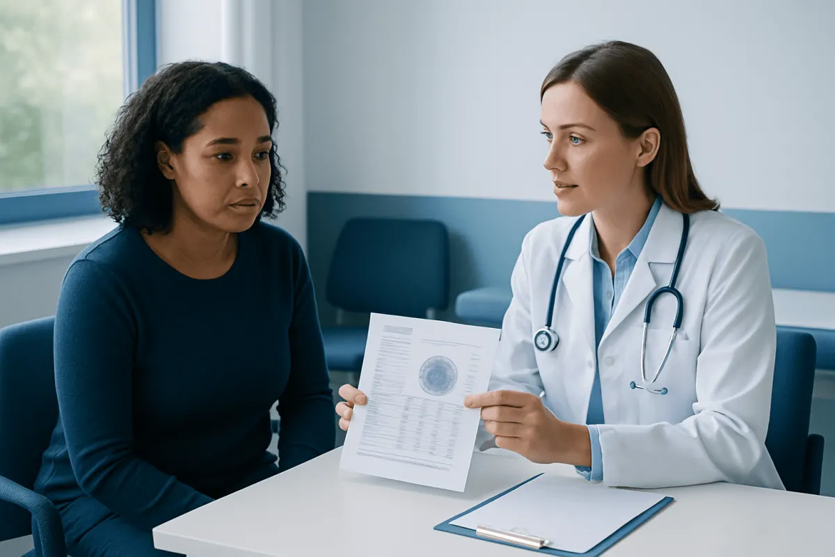Doctor explaining blood test results to a patient in a clinic.
