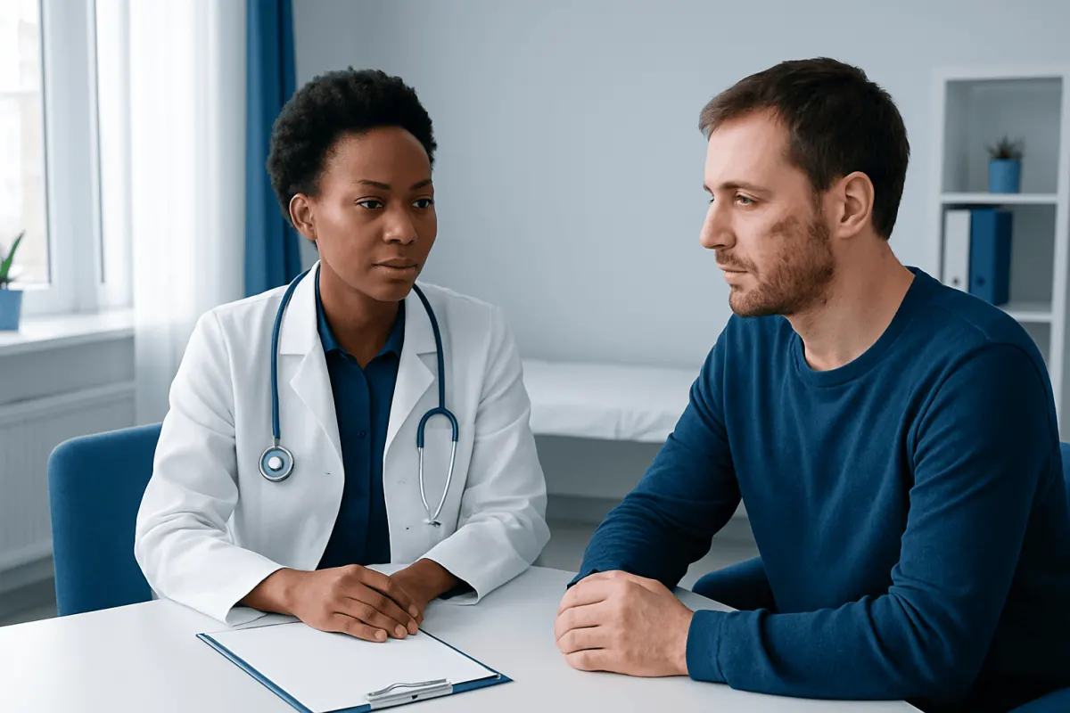 Doctor consulting with male patient in a medical office setting.