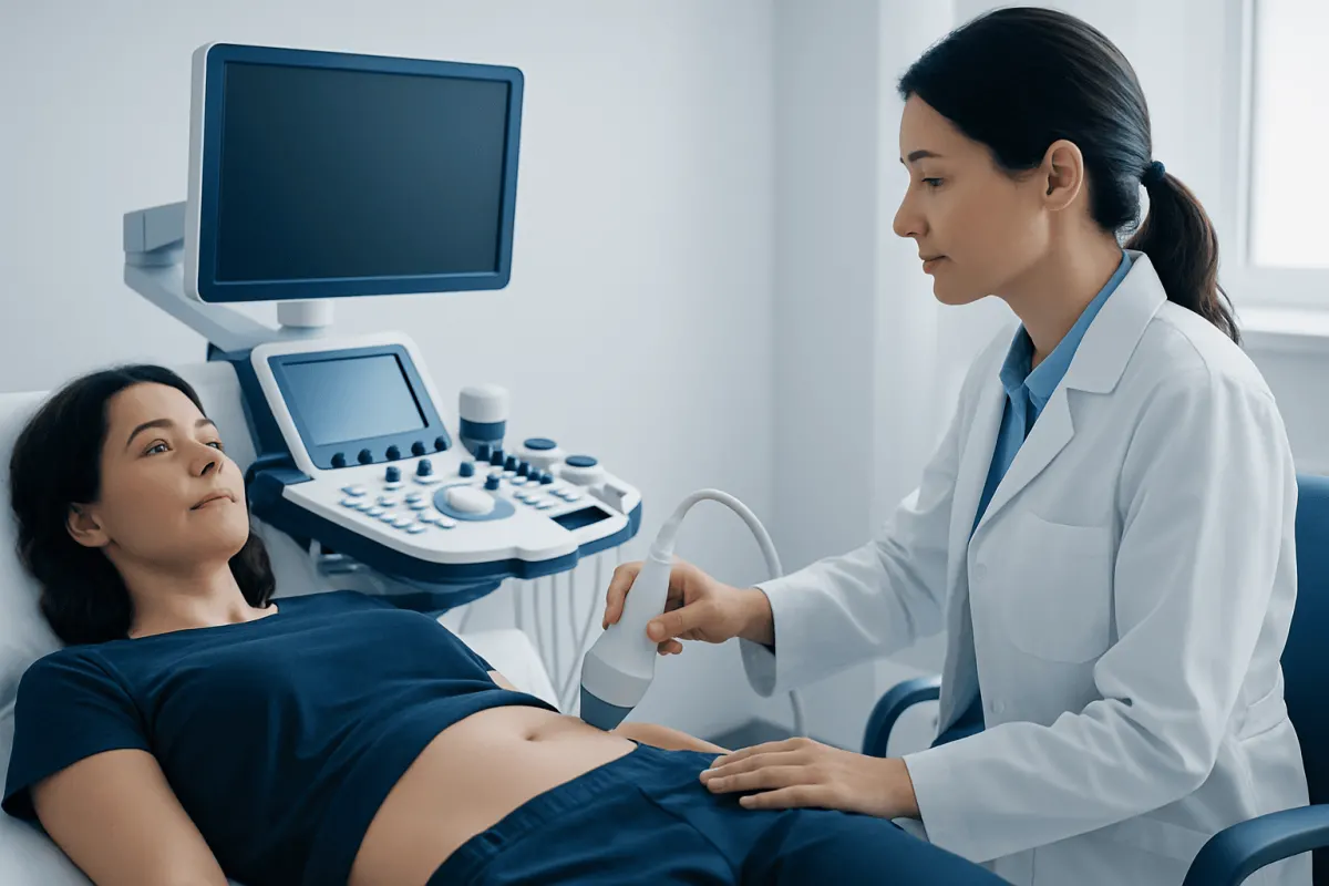 Doctor performing an ultrasound on a patient in a medical clinic.