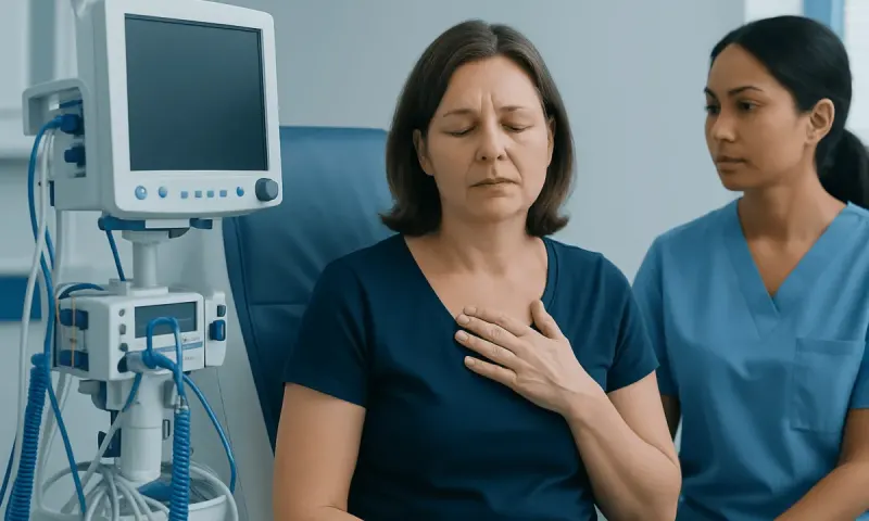 Woman experiencing chest pain in a hospital setting with medical staff nearby.