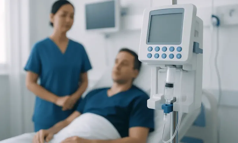 Hospital patient receiving care with medical monitor in background.