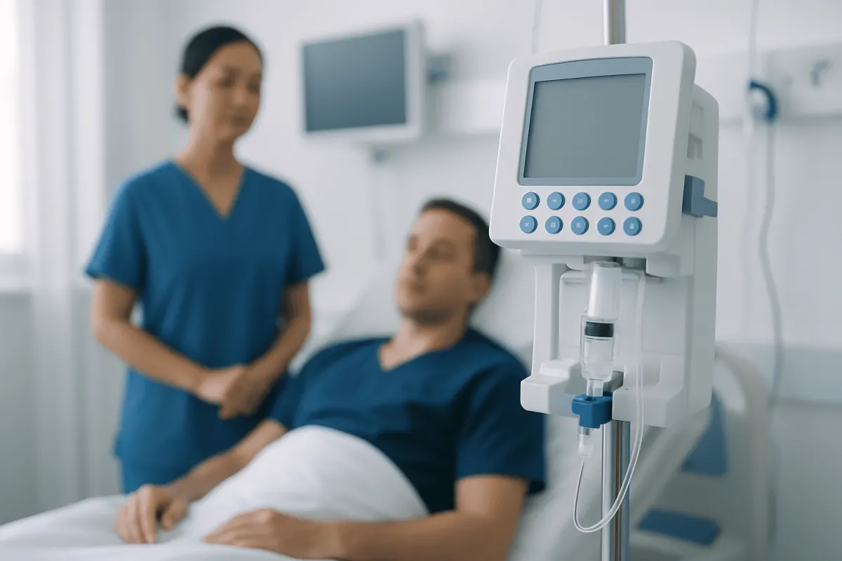 Hospital patient receiving care with medical monitor in background.