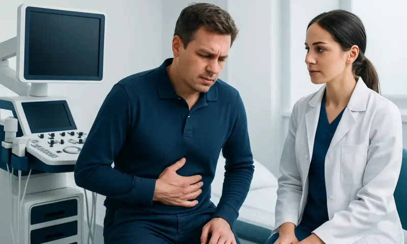 Man experiencing stomach pain during medical consultation at hospital.