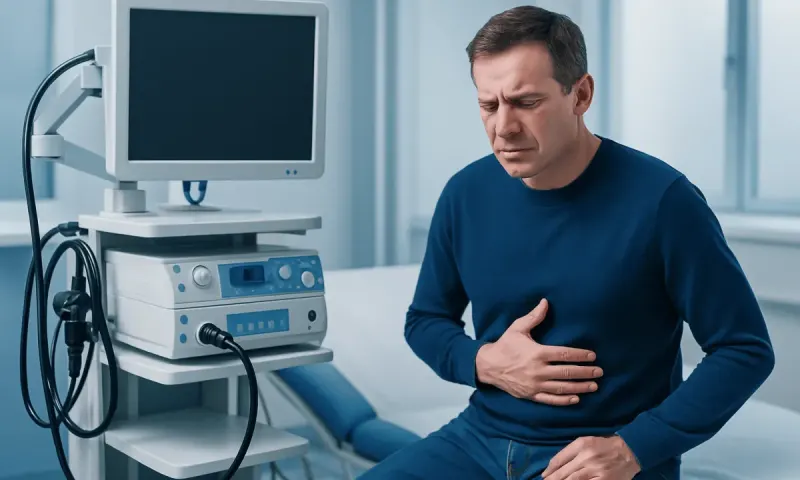 Man experiencing stomach pain in a medical examination room.