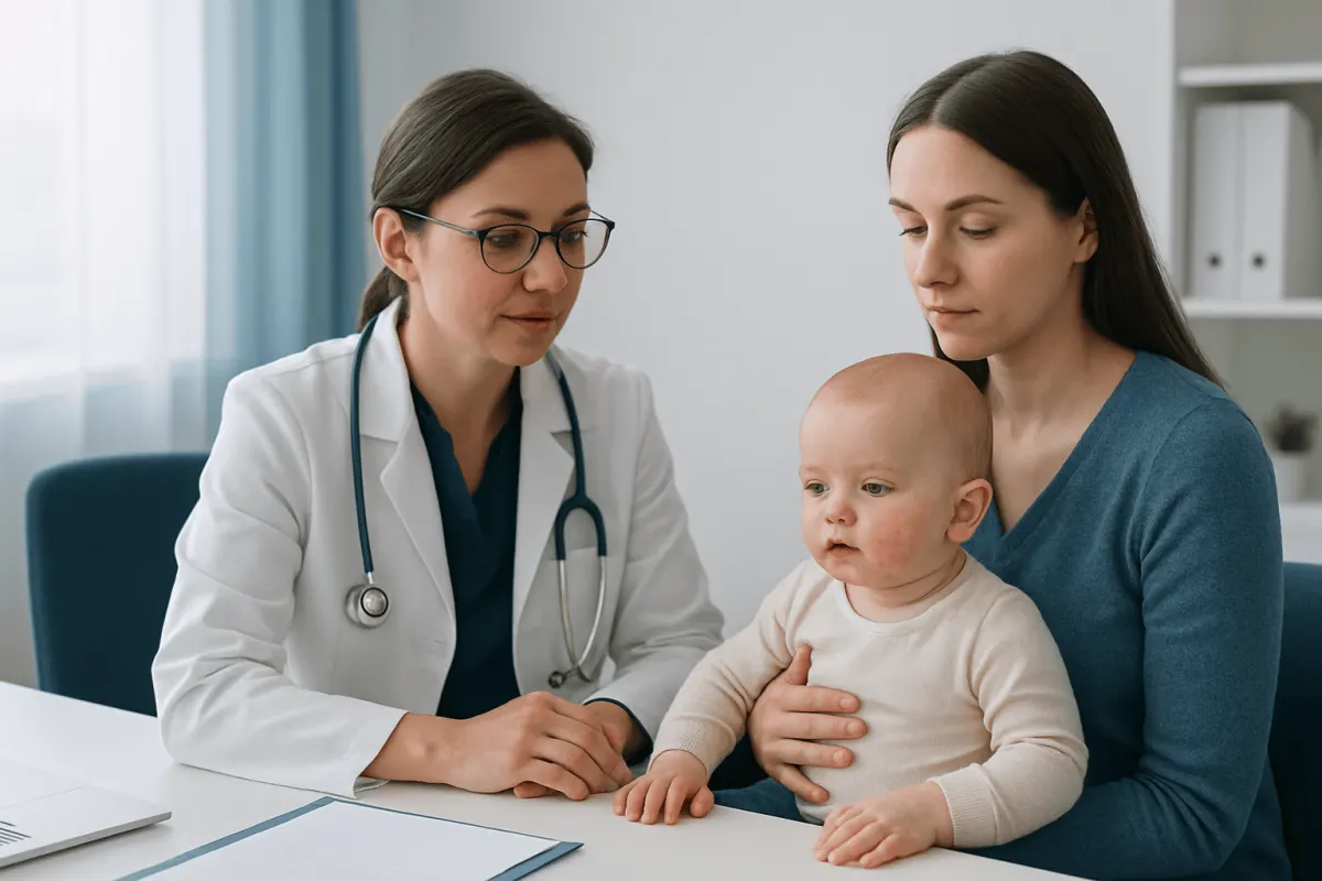 Pediatric consultation with a doctor and mother examining a baby.