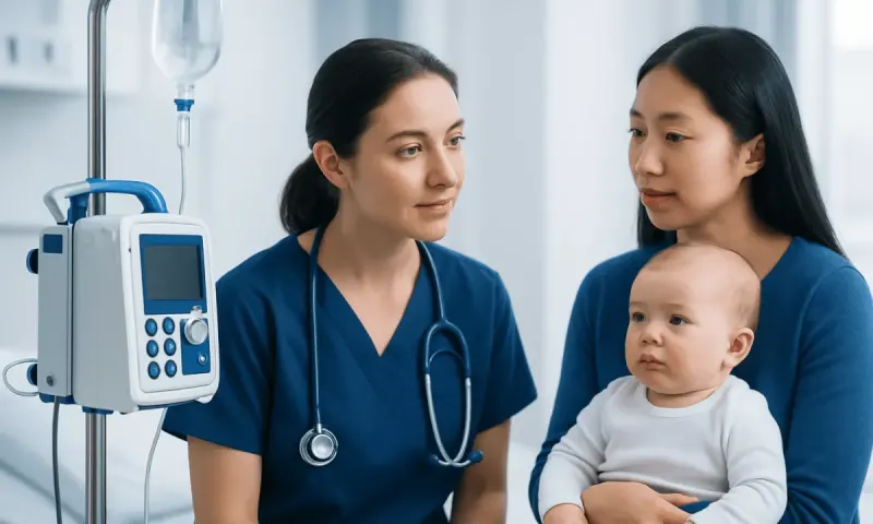 Pediatrician consulting with mother and baby in hospital setting.