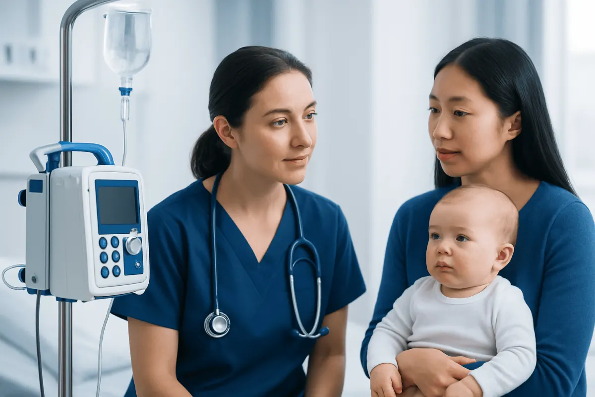 Pediatrician consulting with mother and baby in hospital setting.