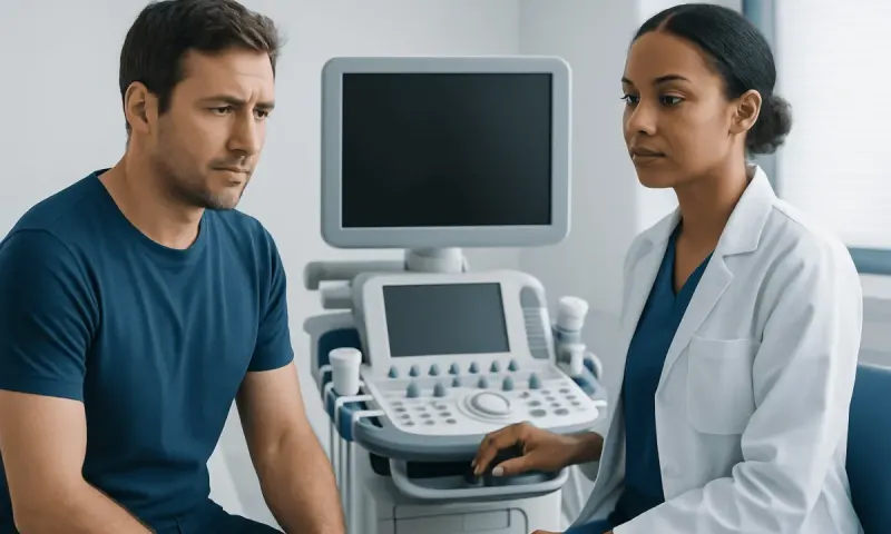 Doctor consulting male patient in a medical examination room.