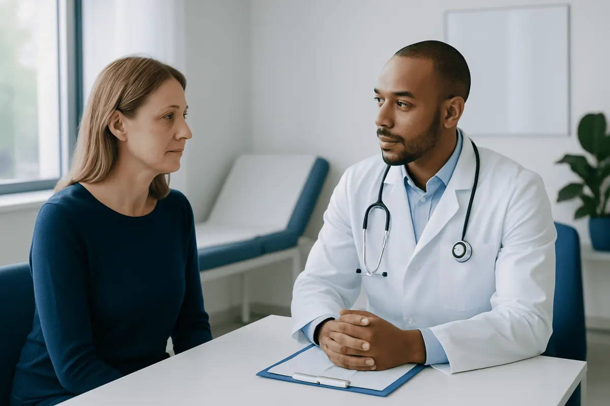 Doctor consulting with a female patient in a modern clinic setting.
