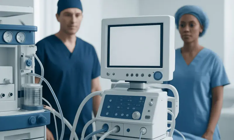 Medical professionals in a hospital operating room with medical equipment.