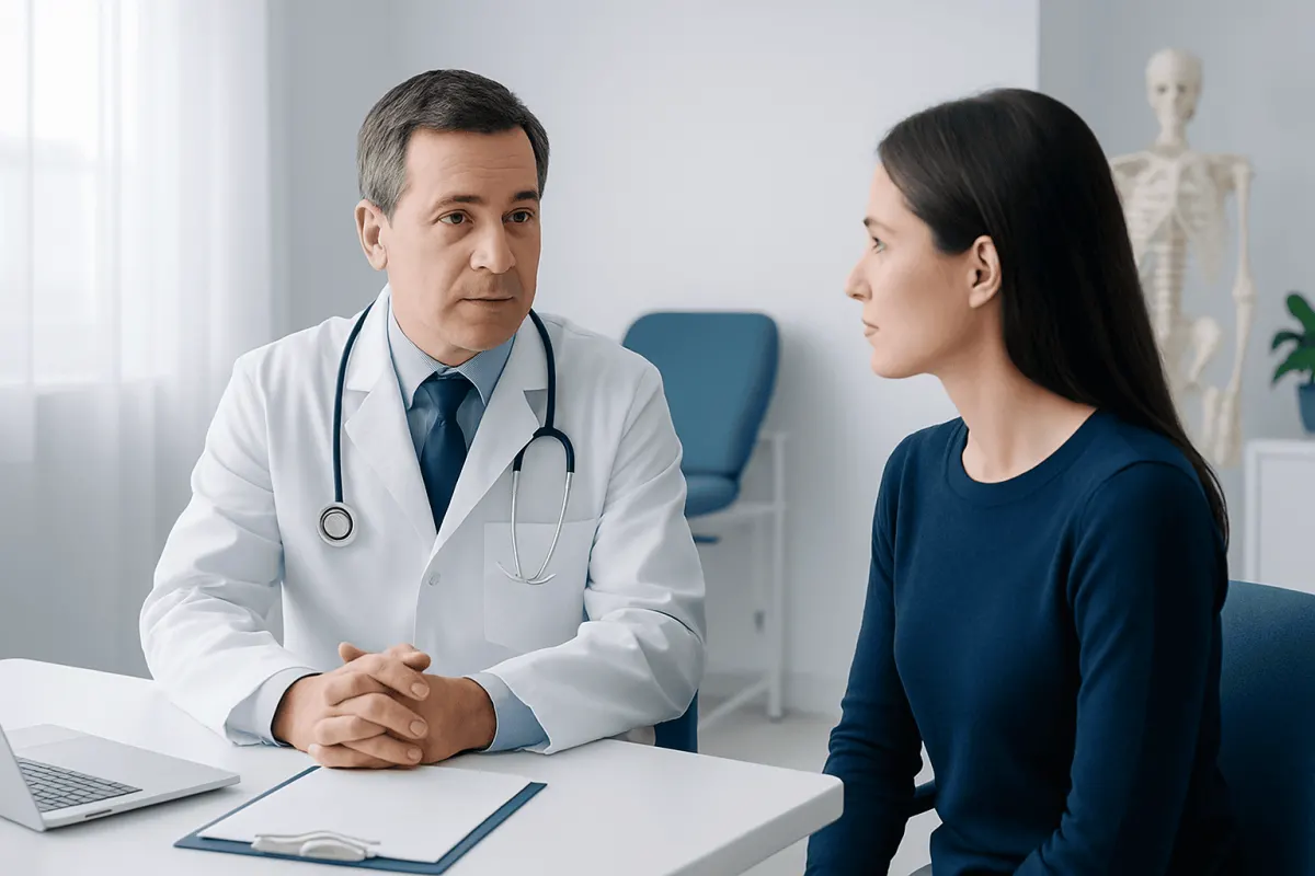 Doctor consulting with a female patient in a medical office setting.