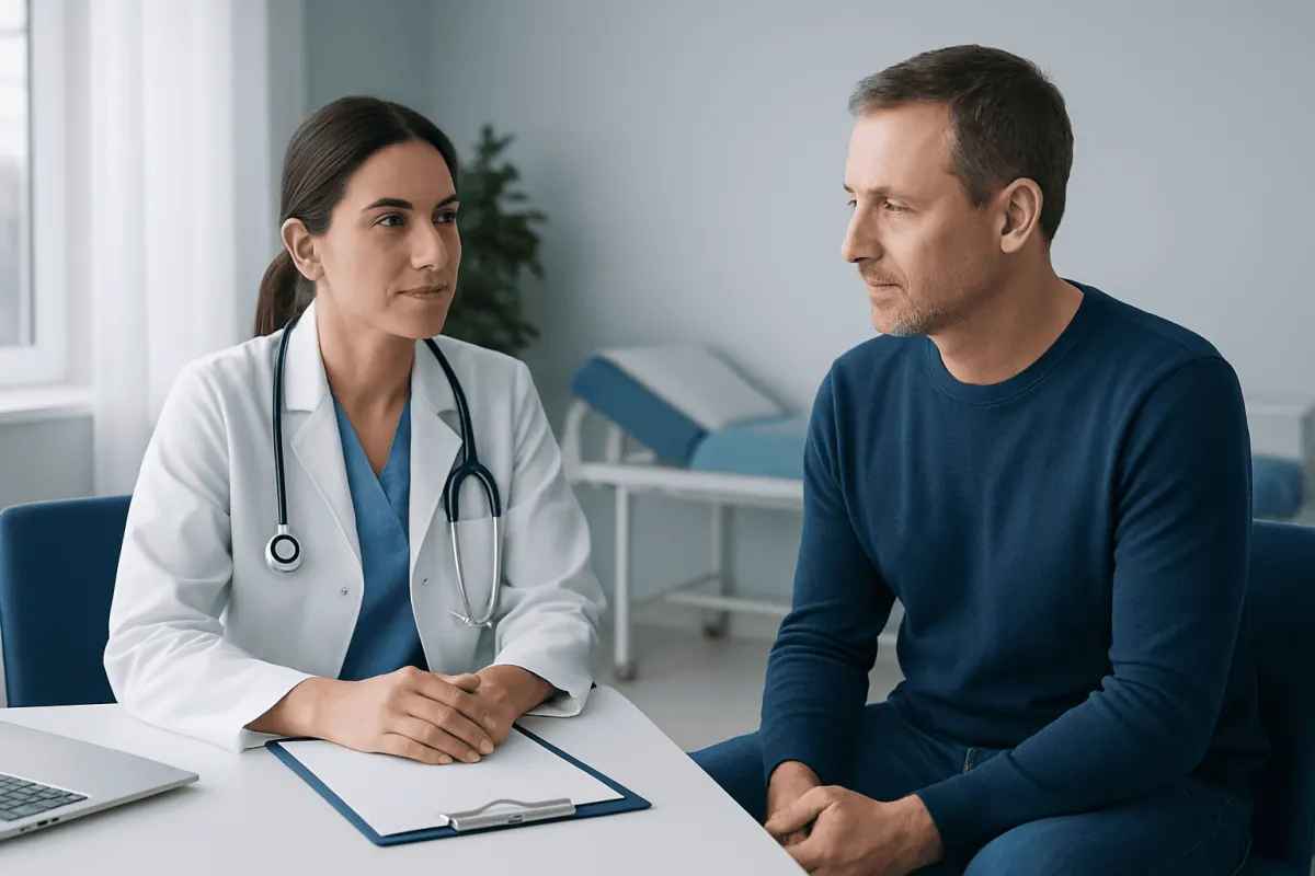 Doctor consulting with male patient in a medical office.